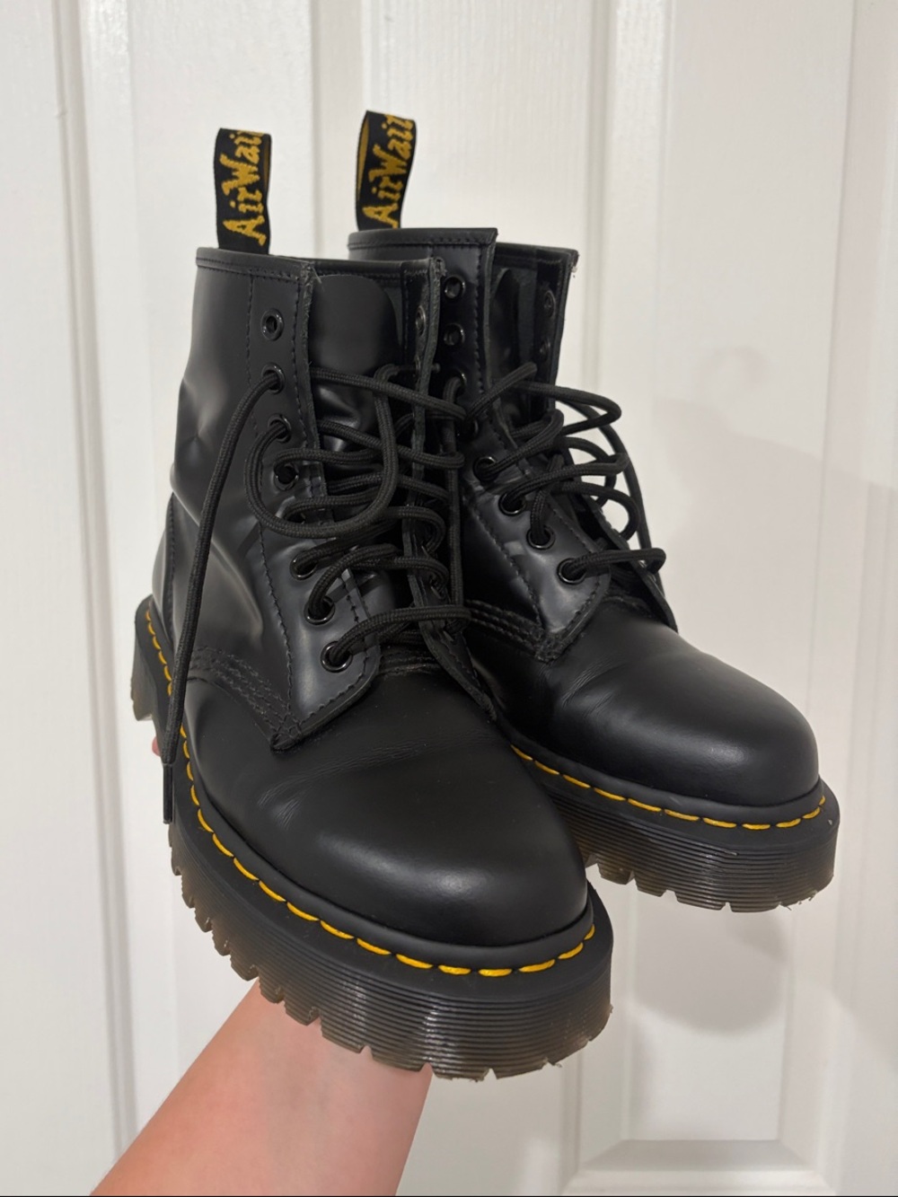 Dr. Martens Black Lace-Up Platform Boots with Yellow Stitching